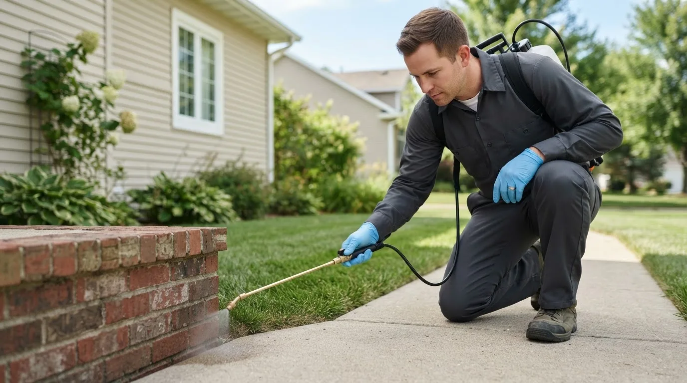 Pest control technician treating a home near Milam, WV